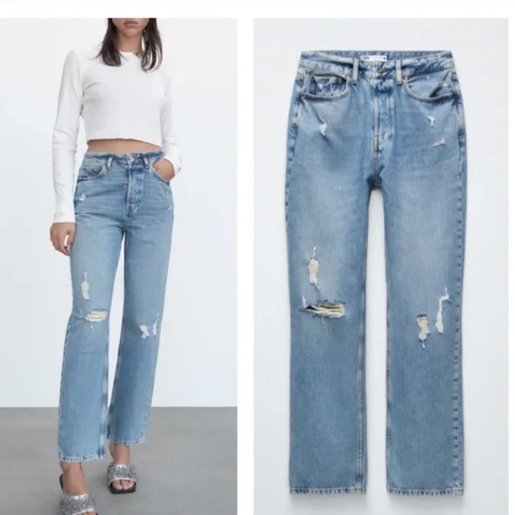 High Rise Jeans Zw Premium Straight Misty Blue ZARA High Rise